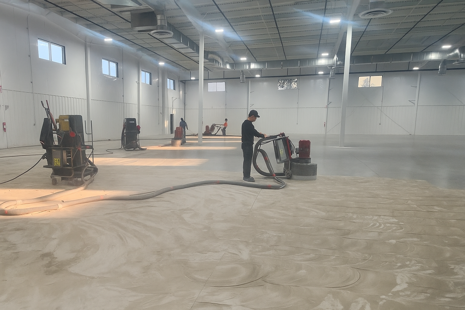 Professional Epoxy Bros Coatings team working on large commercial floor project