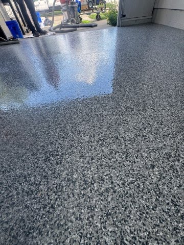 Full chip garage floor coating with high gloss finish