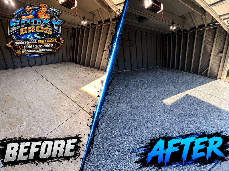 Before and after: a cracked bare concrete garage floor transformed into a durable gray flake epoxy floor by Epoxy Bros Coatings in Metro Detroit. Call 586-302-8890. epoxybroscoatings.com.